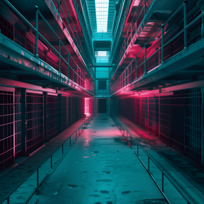 Alt Text: High-contrast image of a prison corridor with cell doors on both sides, illuminated by red and blue neon lights creating a dramatic and eerie atmosphere.