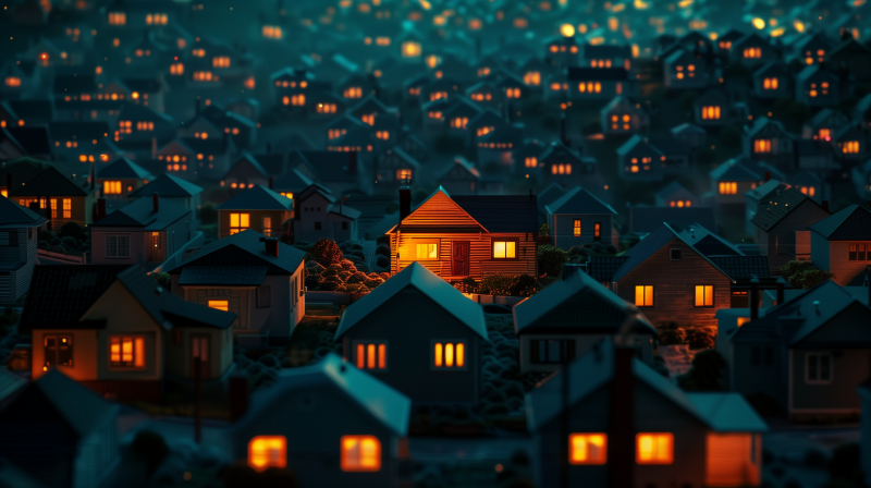 A warm light glows from the windows of a house that stands out in a densely packed neighborhood under a twilight hue.