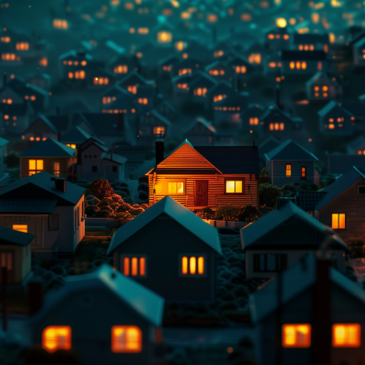 A warm light glows from the windows of a house that stands out in a densely packed neighborhood under a twilight hue.