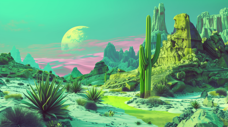 A surreal desert landscape with towering cacti and rock formations under a sky with a large moon and pink clouds.