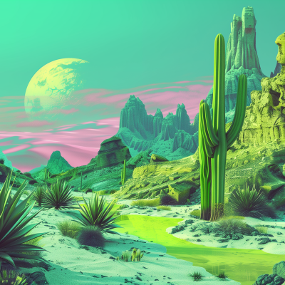 A surreal desert landscape with towering cacti and rock formations under a sky with a large moon and pink clouds.