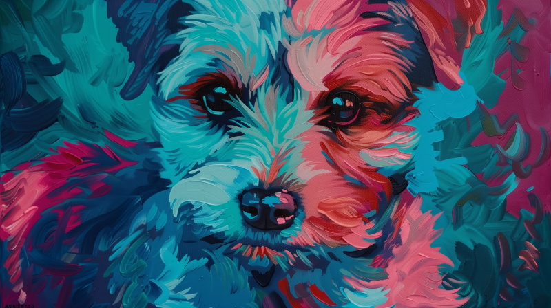 Colorful artistic painting of a dog with blue and red tones