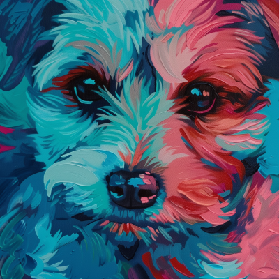 Colorful artistic painting of a dog with blue and red tones