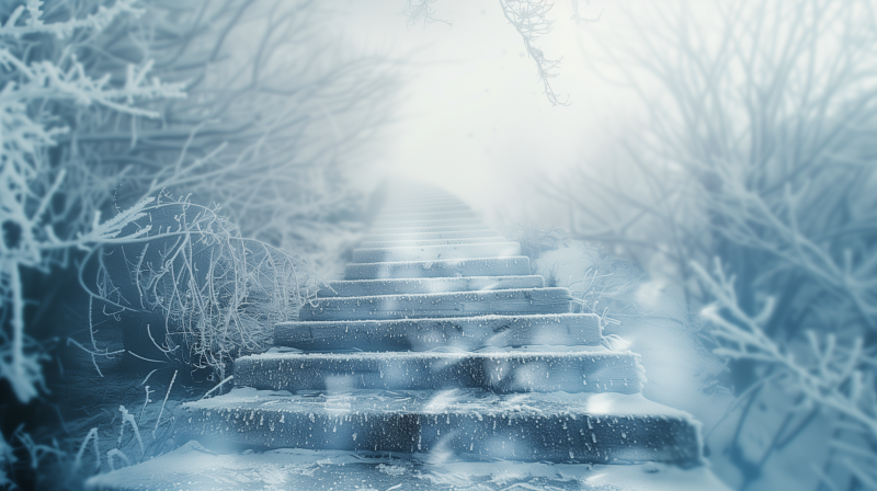 Snow-covered stairs ascending into a misty, frozen landscape with bare, frosty branches on either side, evoking a serene, wintry scene.