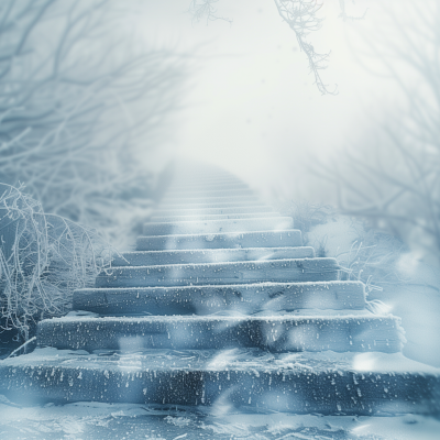 Snow-covered stairs ascending into a misty, frozen landscape with bare, frosty branches on either side, evoking a serene, wintry scene.