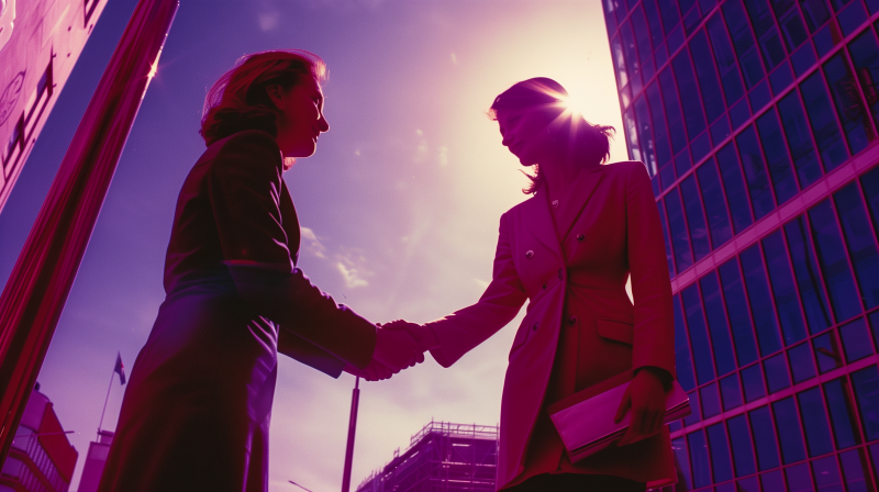 Two businesswomen shaking hands in front of a skyscraper, with the sun setting behind them, symbolizing a successful partnership.