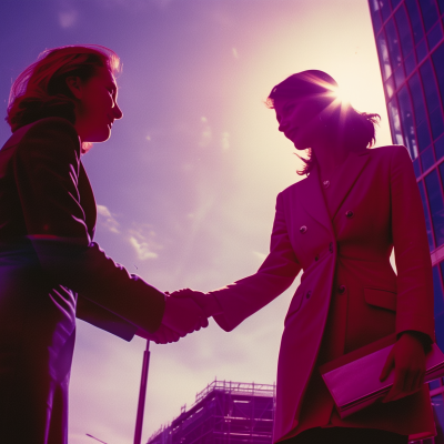 Two businesswomen shaking hands in front of a skyscraper, with the sun setting behind them, symbolizing a successful partnership.