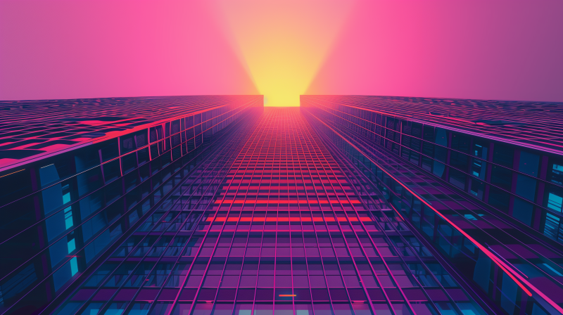 A vibrant digital artwork of a skyscraper's exterior looking upwards towards a pink sky with a bright sun at the horizon.