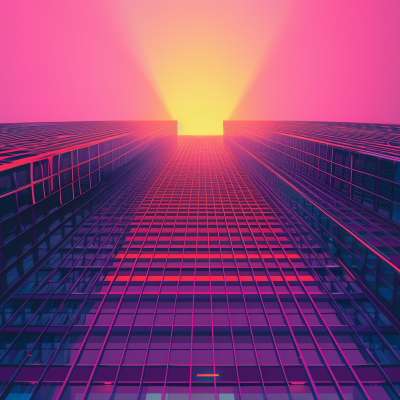 A vibrant digital artwork of a skyscraper's exterior looking upwards towards a pink sky with a bright sun at the horizon.