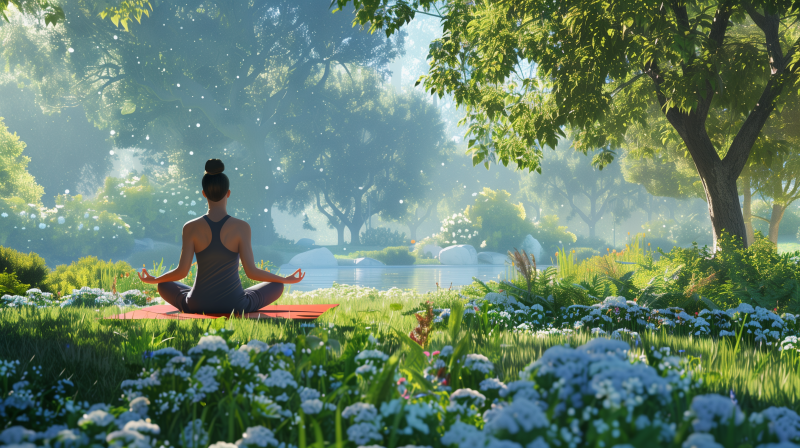 A person is seated in a yoga pose on a mat in a tranquil garden setting, surrounded by lush greenery, flowers, and a serene pond, reflecting a calm and relaxing atmosphere in nature.