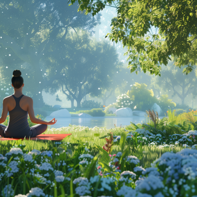 A person is seated in a yoga pose on a mat in a tranquil garden setting, surrounded by lush greenery, flowers, and a serene pond, reflecting a calm and relaxing atmosphere in nature.