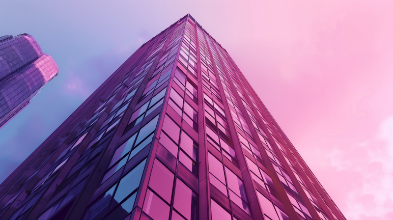 Low-angle view of a towering skyscraper with a pinkish hue against a soft purple sky.