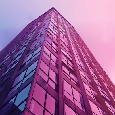 Low-angle view of a towering skyscraper with a pinkish hue against a soft purple sky.