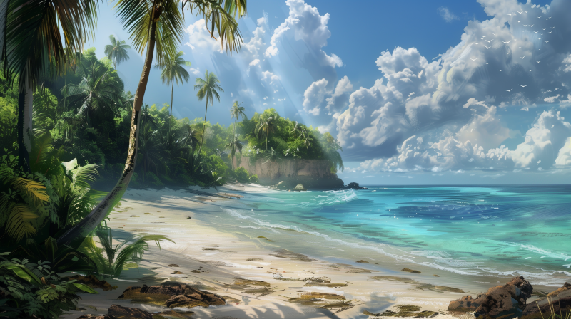 Tropical beach scene with clear blue waters, white sand, and palm trees on a sunny day, with a lush green cliff in the background.