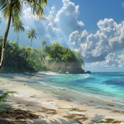 Tropical beach scene with clear blue waters, white sand, and palm trees on a sunny day, with a lush green cliff in the background.