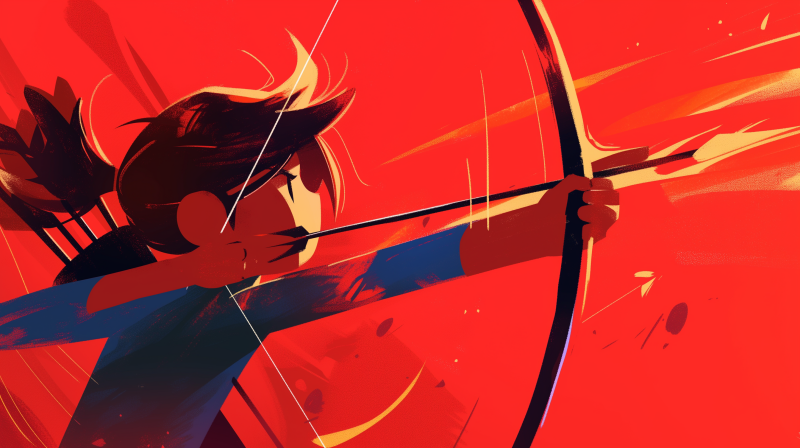 An animated archer drawing a bow and arrow against a vibrant red background.