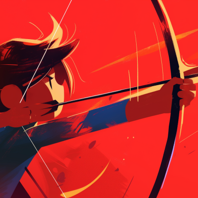 An animated archer drawing a bow and arrow against a vibrant red background.