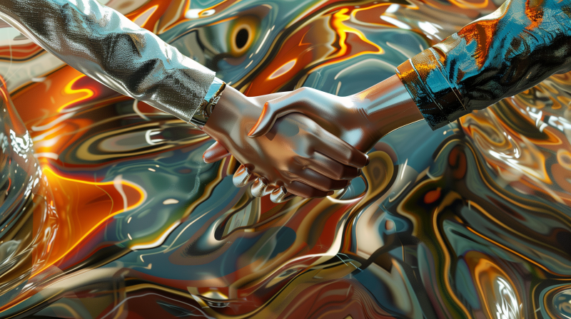 Two hands engaged in a handshake set against a distorted, colorful abstract background.