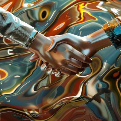 Two hands engaged in a handshake set against a distorted, colorful abstract background.