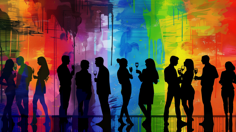 Silhouettes of people socializing at a vibrant, colorfully lit party.