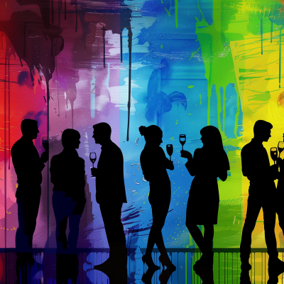 Silhouettes of people socializing at a vibrant, colorfully lit party.