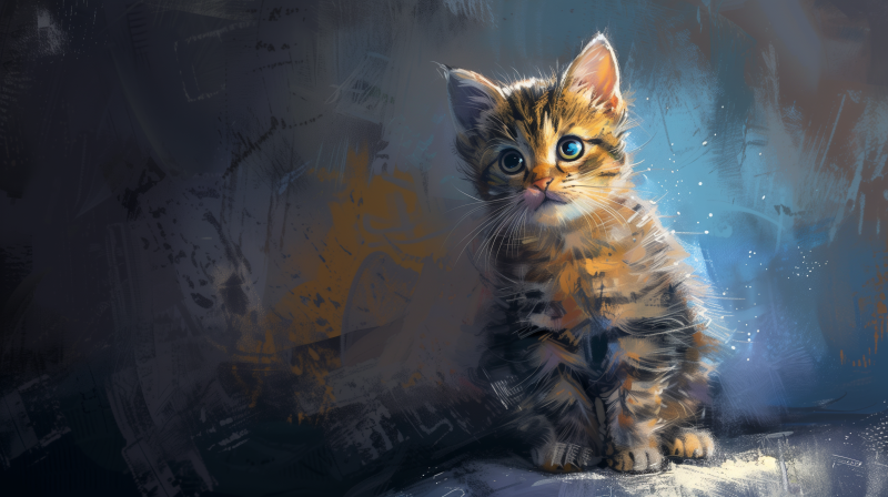 A digital painting of an adorable striped kitten with bright blue eyes, looking curiously at the viewer.