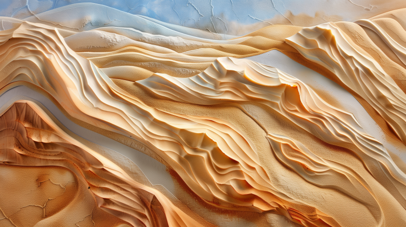 A textured close-up of desert sands with undulating dunes and intricate patterns.