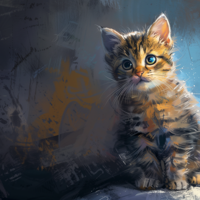 A digital painting of an adorable striped kitten with bright blue eyes, looking curiously at the viewer.