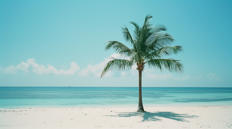 A single palm tree on a tranquil beach with clear blue skies in the background.