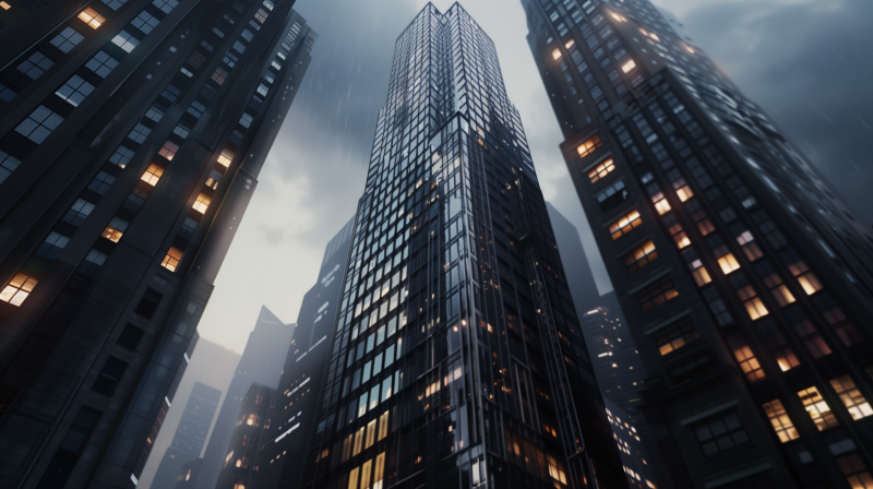 View looking up at a towering skyscraper surrounded by other high-rise buildings in a city during a rain shower, with raindrops visible in the air.