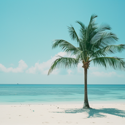 A single palm tree on a tranquil beach with clear blue skies in the background.