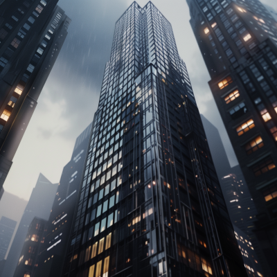 View looking up at a towering skyscraper surrounded by other high-rise buildings in a city during a rain shower, with raindrops visible in the air.