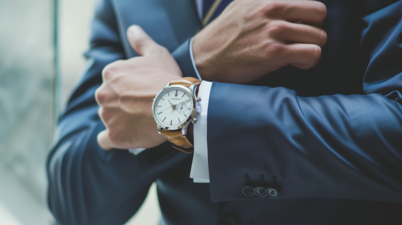 A close-up of a businessman's crossed arms with a focus on an elegant wristwatch, symbolizing time management and professionalism in achieving business goals.