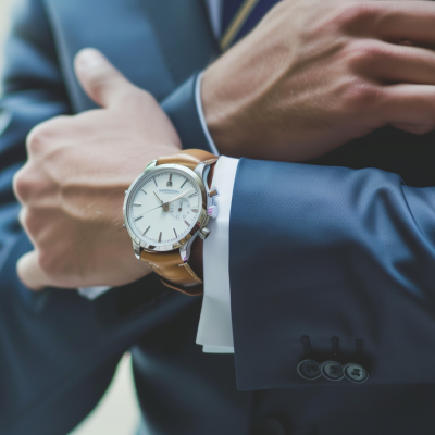 A close-up of a businessman's crossed arms with a focus on an elegant wristwatch, symbolizing time management and professionalism in achieving business goals.