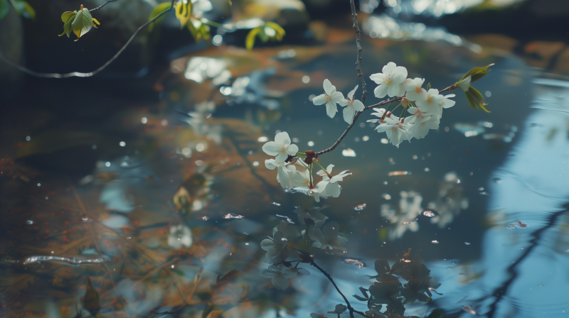 Close-up of delicate white blossoms on a branch overhanging a tranquil water surface with reflections and floating petals, evoking springtime serenity.