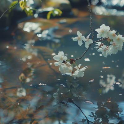 Close-up of delicate white blossoms on a branch overhanging a tranquil water surface with reflections and floating petals, evoking springtime serenity.