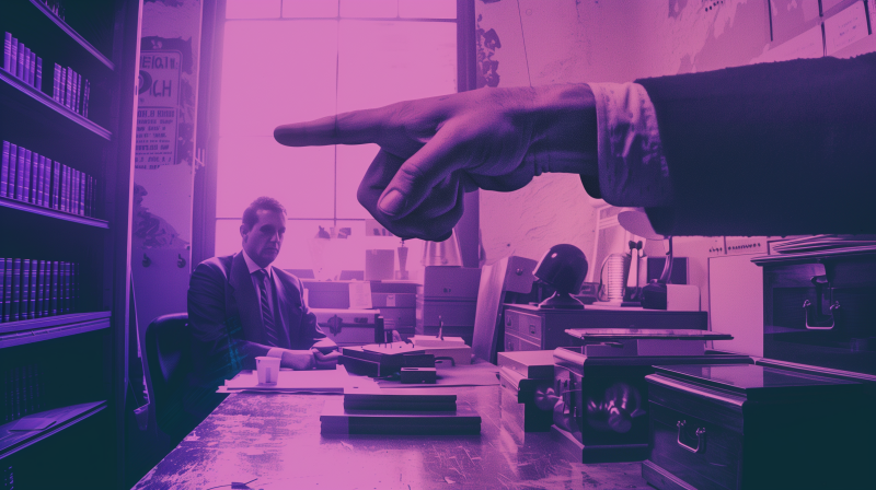 A stylized image featuring an individual pointing a finger across an office space where another person is seated at a desk, surrounded by office equipment and papers, with a monochromatic purple tint.