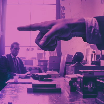 A stylized image featuring an individual pointing a finger across an office space where another person is seated at a desk, surrounded by office equipment and papers, with a monochromatic purple tint.