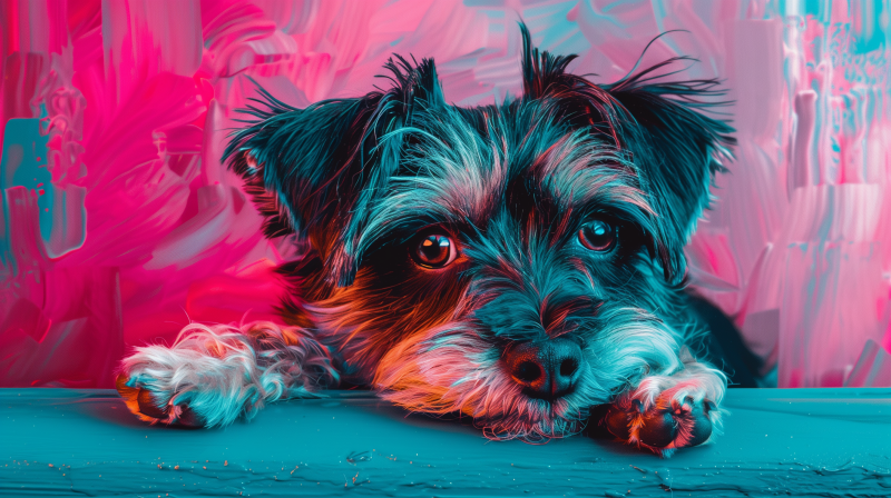 A small dog with a scruffy coat resting its chin and paws on the ground, with a vivid pink and blue neon-colored background.