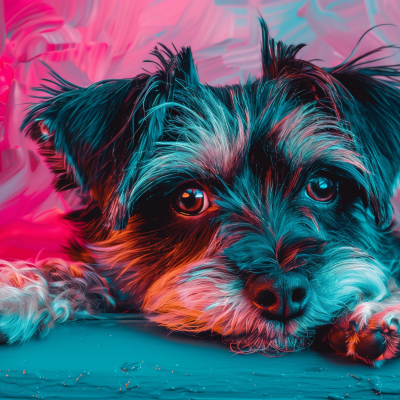 A small dog with a scruffy coat resting its chin and paws on the ground, with a vivid pink and blue neon-colored background.