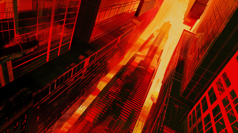 Abstract art of a city with skyscrapers bathed in red and orange hues, suggesting an urban sunset or vibrant city life.