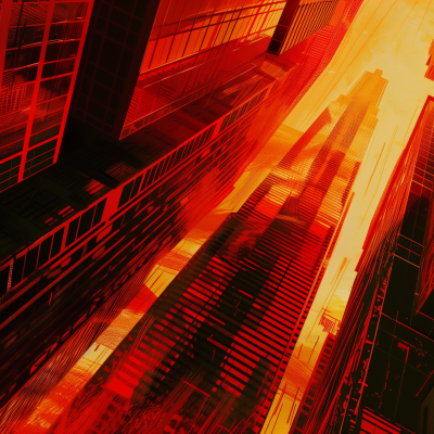 Abstract art of a city with skyscrapers bathed in red and orange hues, suggesting an urban sunset or vibrant city life.