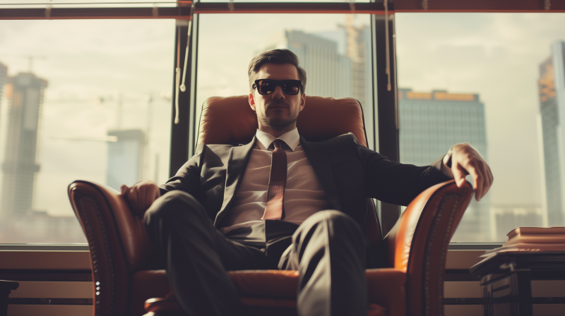 A confident businessman wearing sunglasses, sitting comfortably in a leather chair with a cityscape in the background.