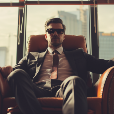 A confident businessman wearing sunglasses, sitting comfortably in a leather chair with a cityscape in the background.