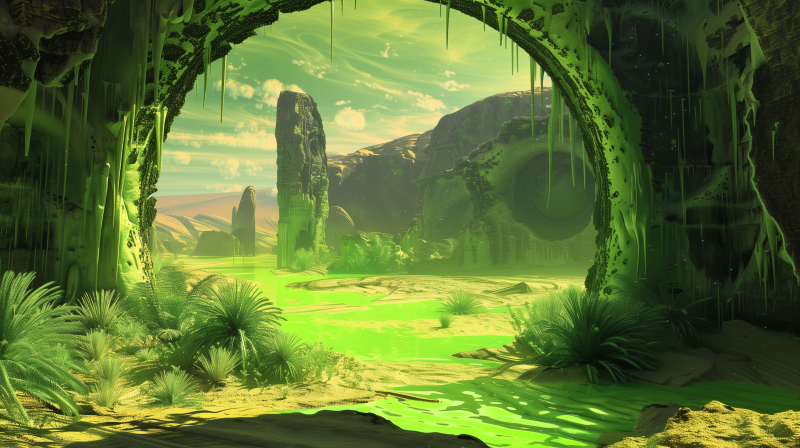 An alien landscape with lush green rivers, towering rock formations, and vegetation under a yellow sky viewed through a natural archway.