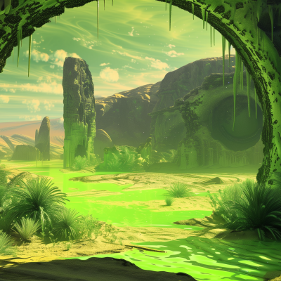 An alien landscape with lush green rivers, towering rock formations, and vegetation under a yellow sky viewed through a natural archway.