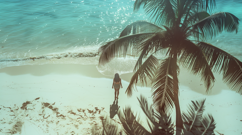 A person standing on a sandy beach shaded by a palm tree, with the ocean's edge nearby.