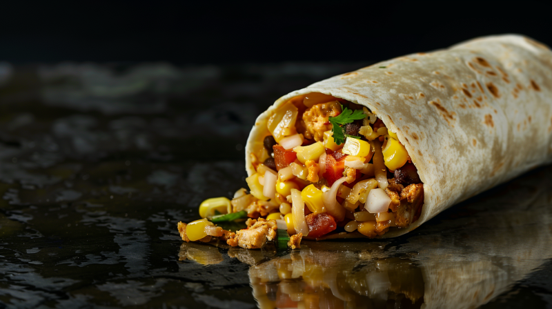 A close-up of a burrito with a variety of fillings including corn, tomatoes, onions, and meat on a dark background.