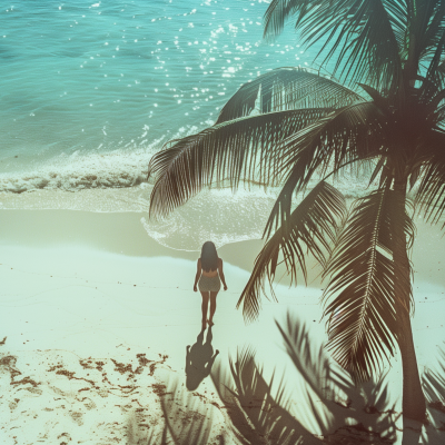 A person standing on a sandy beach shaded by a palm tree, with the ocean's edge nearby.