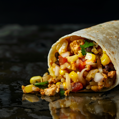 A close-up of a burrito with a variety of fillings including corn, tomatoes, onions, and meat on a dark background.